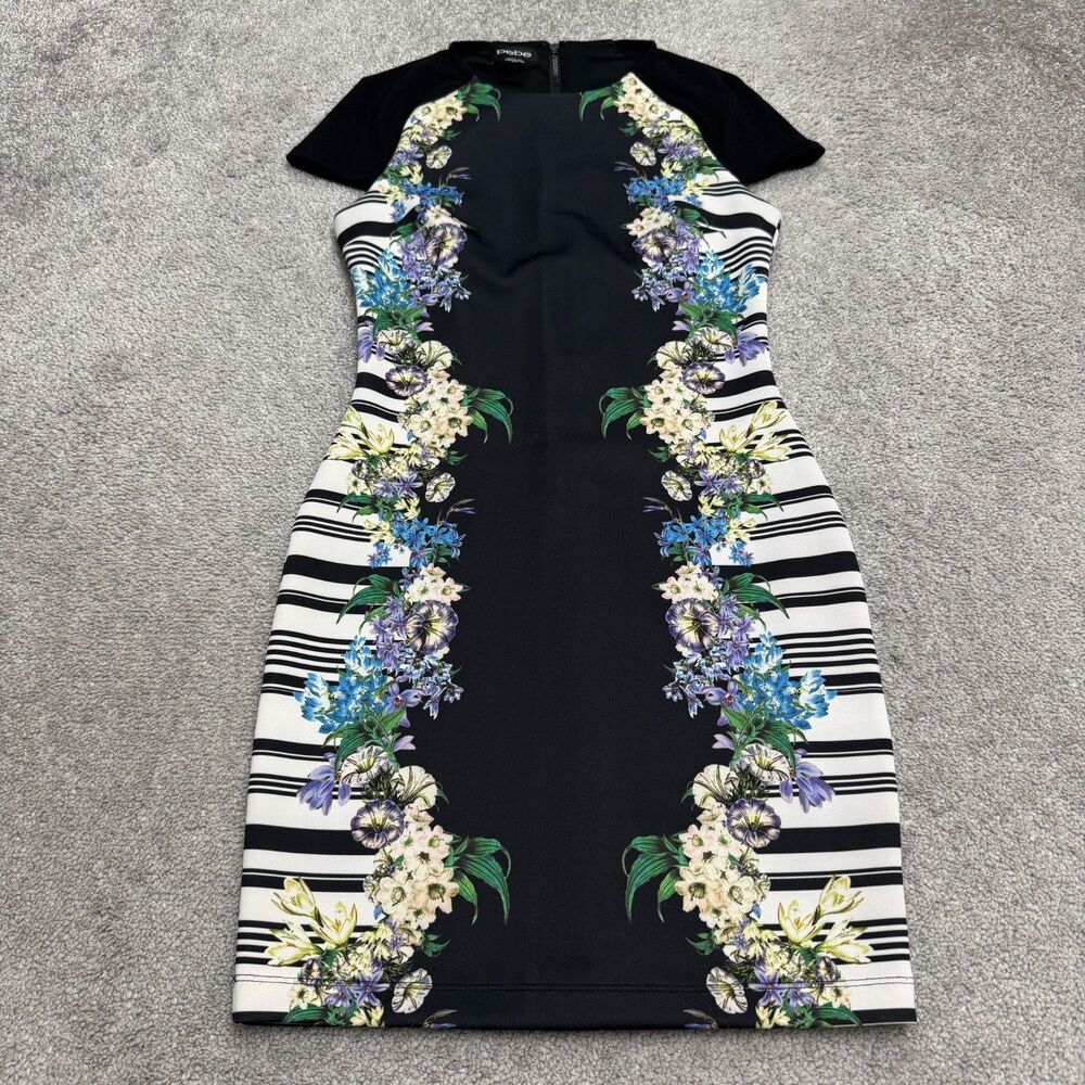 Bebe Bodycon Sheath Dress Womens XS Black Floral Striped Short Sleeve Stretch
